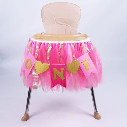 Kaptin 1st Birthday Baby Gold Pink Tutu Skirt and Banner for High Chair Decoration for Party Supplies (Pink) in Kuwait