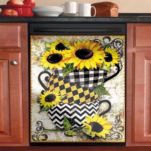 Sunflower Home Kitchen Decoration,Bowl Stacking Dishwasher Refrigerator Magnet Sunflower Cover,Flower Black White Grid Pattern Washing Machine Dryer Home Cabinet Magnetic Cover Sticker 23"x26"INCH in Saudi Arabia