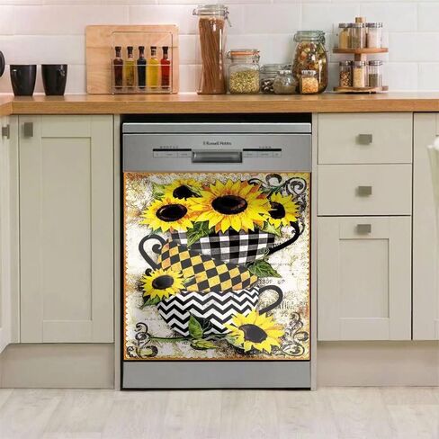 Sunflower Home Kitchen Decoration,Bowl Stacking Dishwasher Refrigerator Magnet Sunflower Cover,Flower Black White Grid Pattern Washing Machine Dryer Home Cabinet Magnetic Cover Sticker 23"x26"INCH in Saudi Arabia