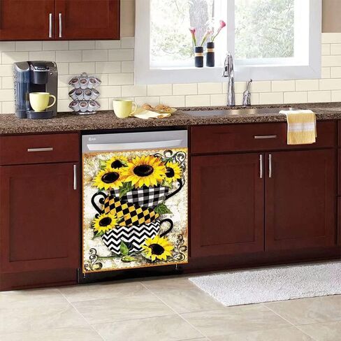 Sunflower Home Kitchen Decoration,Bowl Stacking Dishwasher Refrigerator Magnet Sunflower Cover,Flower Black White Grid Pattern Washing Machine Dryer Home Cabinet Magnetic Cover Sticker 23"x26"INCH in Saudi Arabia