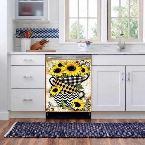 Sunflower Home Kitchen Decoration,Bowl Stacking Dishwasher Refrigerator Magnet Sunflower Cover,Flower Black White Grid Pattern Washing Machine Dryer Home Cabinet Magnetic Cover Sticker 23"x26"INCH in Saudi Arabia