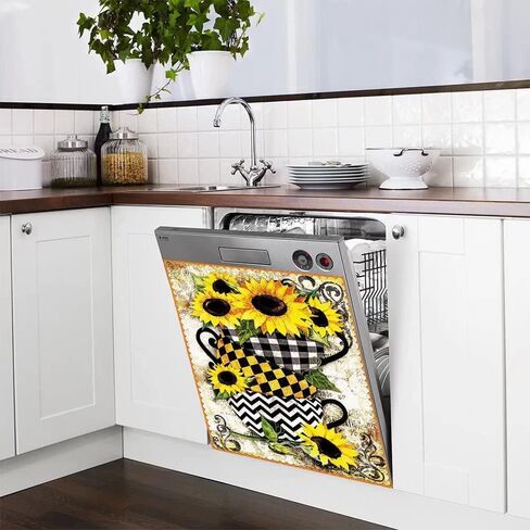 Sunflower Home Kitchen Decoration,Bowl Stacking Dishwasher Refrigerator Magnet Sunflower Cover,Flower Black White Grid Pattern Washing Machine Dryer Home Cabinet Magnetic Cover Sticker 23"x26"INCH in Saudi Arabia