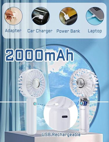مروحة صغيرة محمولة باليد من جولدن بي جوي قابلة لاعادة الشحن بمنفذ USB، مروحة جيب صغيرة تعمل بالبطارية، 3 سرعات قابلة للتعديل، مروحة شخصية هادئة للمنزل والمكتب وداخل المنزل وخارجه والسفر، لون ابيض in Kuwait
