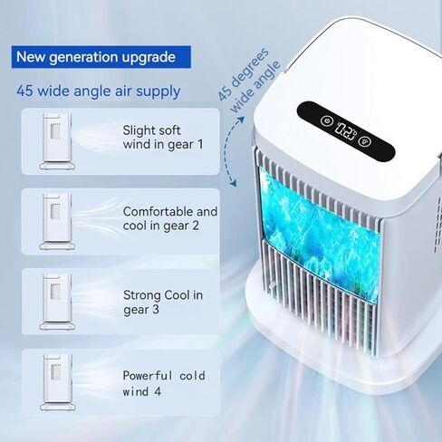 مكيف هواء محمول، مكيف هواء صغير لأشباه الموصلات 85 وات، مع مكيف هواء شخصي بإضاءة ليلية شريطية مائية، مروحة تيار متردد صغيرة صامتة 4 سرعات للمكتب، المنزل، غرفة النوم، الغرفة، المكتب، السفر - أبيض in Kuwait