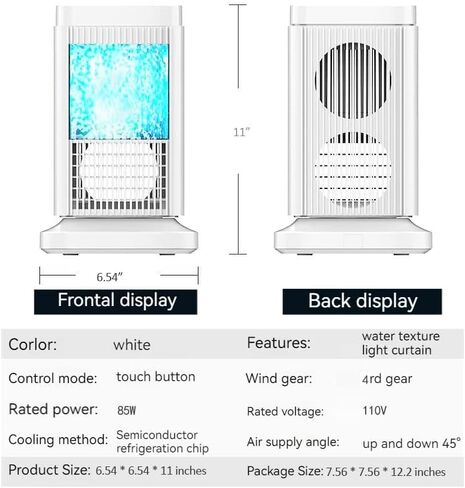مكيف هواء محمول، مكيف هواء صغير لأشباه الموصلات 85 وات، مع مكيف هواء شخصي بإضاءة ليلية شريطية مائية، مروحة تيار متردد صغيرة صامتة 4 سرعات للمكتب، المنزل، غرفة النوم، الغرفة، المكتب، السفر - أبيض in Kuwait