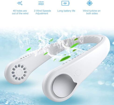 Hanging Neck Fan, Hand Free Leafless Neckband Fan - Powerful Dual Wind Head, Adjustable 3 Speed 360 Degree& Rechargeable Wearable Necklace Fan with Long-Lasting Battery for Sports Home Outdoor in Saudi Arabia