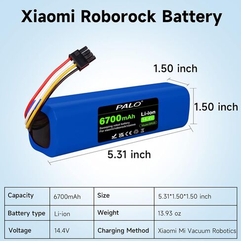 Palogreen BRR-2P4S-5200S بطارية بديلة 6700 مللي أمبير في الساعة لـ Xiaomi Mijia Xiaowa Roborock S50 S51 S52 S55 MiJia S5 S6 Pure T4 T6 الجيل الأول والثاني من المكنسة الكهربائية الروبوتية in Kuwait