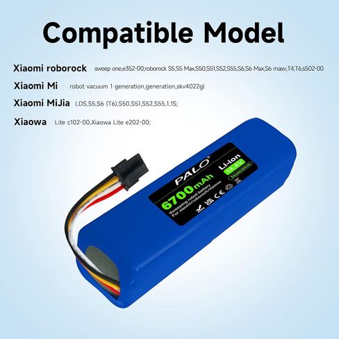 Palogreen BRR-2P4S-5200S بطارية بديلة 6700 مللي أمبير في الساعة لـ Xiaomi Mijia Xiaowa Roborock S50 S51 S52 S55 MiJia S5 S6 Pure T4 T6 الجيل الأول والثاني من المكنسة الكهربائية الروبوتية in Kuwait
