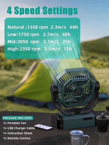 Portable Rechargeable Fan - 9-Inch Camping Fan for Tent, 24000mAh(60Hrs) Battery Operated Fan for Camping, Auto Oscillation Cordless Fans, Tent Fan with Remote/Light, 4 Speeds, 4 Timing, Outdoor in Kuwait