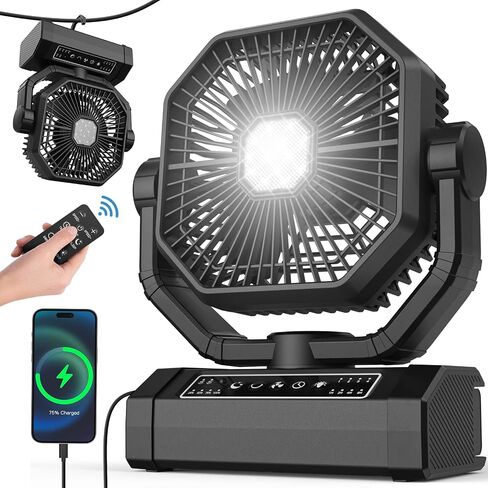 Portable Rechargeable Fan - 9-Inch Camping Fan for Tent, 24000mAh(60Hrs) Battery Operated Fan for Camping, Auto Oscillation Cordless Fans, Tent Fan with Remote/Light, 4 Speeds, 4 Timing, Outdoor in Saudi Arabia