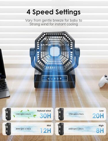 Portable Rechargeable Fan - 9-Inch Camping Fan for Tent, 24000mAh(60Hrs) Battery Operated Fan for Camping, Auto Oscillation Cordless Fans, Tent Fan with Remote/Light, 4 Speeds, 4 Timing, Outdoor in Saudi Arabia