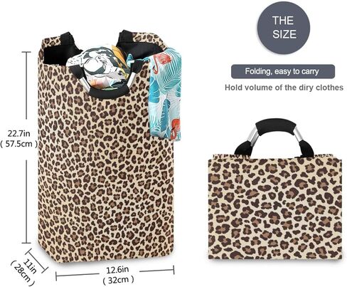سلة غسيل كبيرة من ALAZA بطباعة الفهد على شكل حيوان الفهد، حقيبة غسيل قابلة للطي من قماش أكسفورد، سلة تخزين منزلية أنيقة مع مقابض، 22.7 بوصة in Kuwait