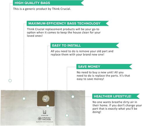حقيبة مكنسة كهربائية بديلة من Crucial - متوافقة مع Shop Vac Part # 9066800، 7 بوصة × 6.6 بوصة × 0.9 بوصة - تناسب موديلات Shop-Vac من النوع B، مكنسة كهربائية رطبة وجافة سعة 2 جالون - كبيرة الحجم (6 عبوات) in Kuwait
