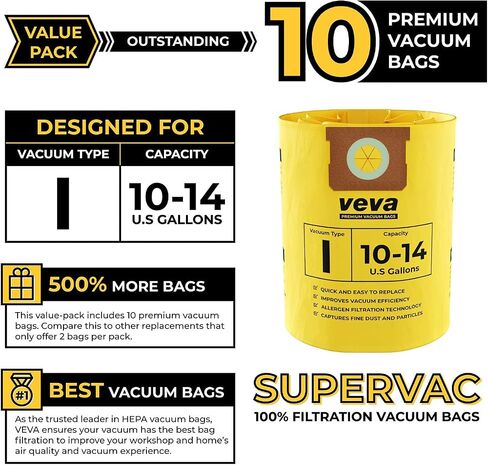 VEVA 10 Pack Premium Vacuum Filter Bags Type I 9067200 Work with Shop Vac 10-14 Gallon Vacuum, Part # SV Shopvac Shop-vac 90672 in Saudi Arabia