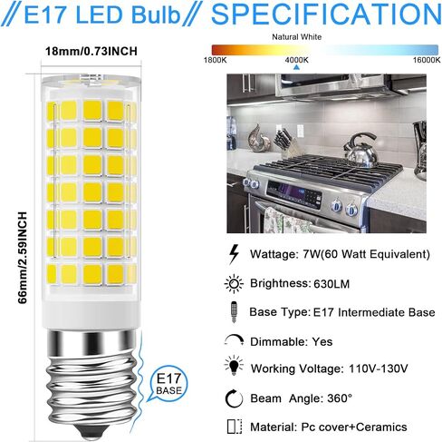 TAIYALOO LED Microwave Light Bulbs Under Hood 60W Equivalent, E17 LED Bulb Dimmable for Range Hood, Refrigerator, 7W 630 Lumens, LED Appliance Light Bulb Over Stove, Daylight White 6000K, 2 Pack in Kuwait