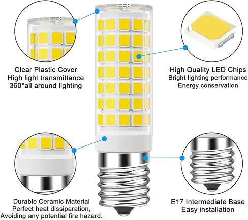 TAIYALOO LED Microwave Light Bulbs Under Hood 60W Equivalent, E17 LED Bulb Dimmable for Range Hood, Refrigerator, 7W 630 Lumens, LED Appliance Light Bulb Over Stove, Daylight White 6000K, 2 Pack in Kuwait