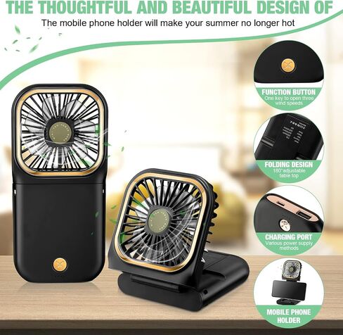 2 Pcs Foldable Fan Small Portable Mini Fan USB Neck Quiet Fan Handheld Personal Battery Operated 3 Speeds Desk Fan for Home Office Outdoor Travel (Black, F30 with Power Bank) in Saudi Arabia