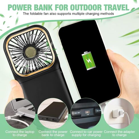 2 Pcs Foldable Fan Small Portable Mini Fan USB Neck Quiet Fan Handheld Personal Battery Operated 3 Speeds Desk Fan for Home Office Outdoor Travel (Black, F30 with Power Bank) in Saudi Arabia