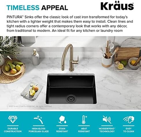 KRAUS Pintura Porcelain Enameled Steel Undermount Single Bowl Kitchen Sink in Black, KE1US21GBL in Saudi Arabia