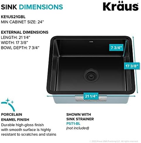 KRAUS Pintura Porcelain Enameled Steel Undermount Single Bowl Kitchen Sink in Black, KE1US21GBL in Saudi Arabia