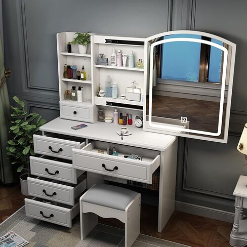 BJYXO Vanity Set Makeup Vanity Dressing Table with Sliding Lighted Mirror, Cushioned Stool, Touch Light 3 Color Lighting Modes Adjustable Brightness in Saudi Arabia