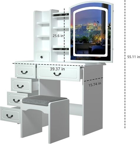 BJYXO Vanity Set Makeup Vanity Dressing Table with Sliding Lighted Mirror, Cushioned Stool, Touch Light 3 Color Lighting Modes Adjustable Brightness in Saudi Arabia