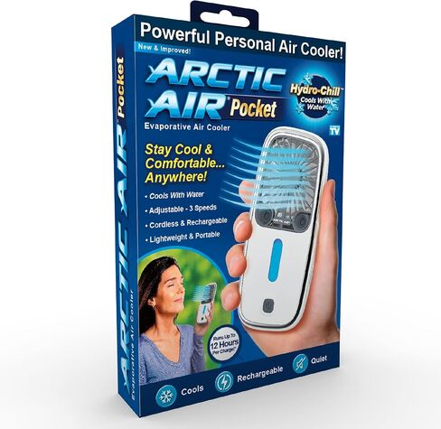 مبرد الهواء الشخصي Arctic Air Pocket Chill من Ontel - قوي 3 سرعات، خفيف الوزن، محمول، لاسلكي، مروحة تبريد شخصية قابلة لإعادة الشحن مع مسند مدمج in Saudi Arabia