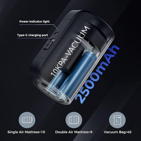 مضخة تفريغ فليكستايلجير 10 كيلو باسكال لمرتبة هوائية ذاتية النفخ، مضخة هواء كهربائية محمولة لأكياس المكنسة الكهربائية للملابس والتخييم، بطارية مضخة تفريغ قابلة لإعادة الشحن USB C in Kuwait