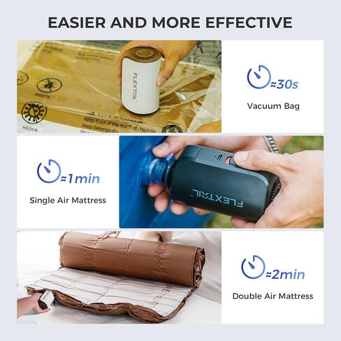مضخة تفريغ فليكستايلجير 10 كيلو باسكال لمرتبة هوائية ذاتية النفخ، مضخة هواء كهربائية محمولة لأكياس المكنسة الكهربائية للملابس والتخييم، بطارية مضخة تفريغ قابلة لإعادة الشحن USB C in Kuwait