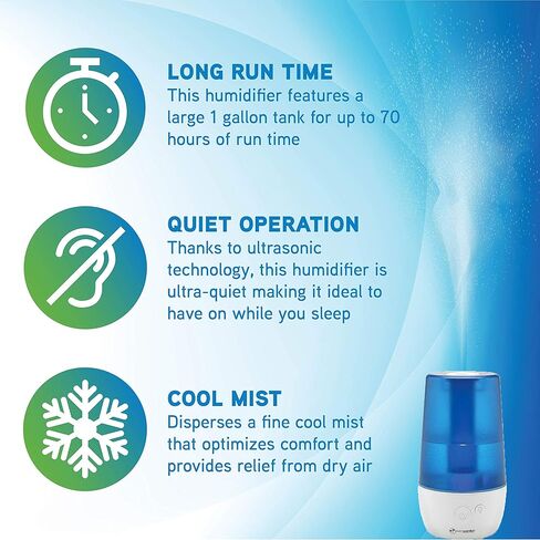 جهاز ترطيب الهواء بالرذاذ البارد بالموجات فوق الصوتية H965AR من بيور جارديان، 70 ساعة. وقت التشغيل، 1 جالون. سعة الخزان 320 قدم مربع. قدم. التغطية، الغرف الصغيرة، خزان خالٍ من الفلتر، معالج باللون الفضي، يتضمن علبة الزيت العطري in Kuwait