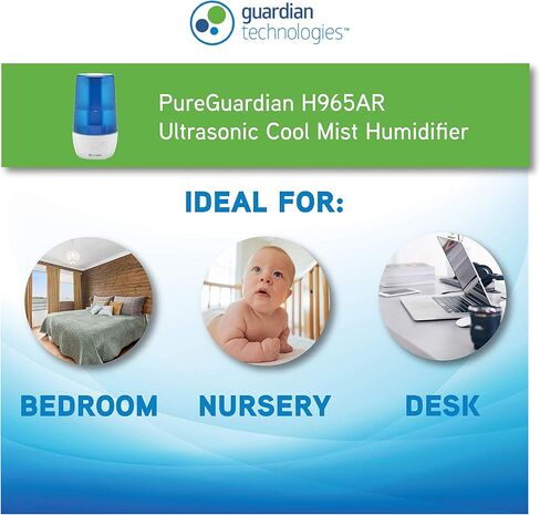 جهاز ترطيب الهواء بالرذاذ البارد بالموجات فوق الصوتية H965AR من بيور جارديان، 70 ساعة. وقت التشغيل، 1 جالون. سعة الخزان 320 قدم مربع. قدم. التغطية، الغرف الصغيرة، خزان خالٍ من الفلتر، معالج باللون الفضي، يتضمن علبة الزيت العطري in Kuwait