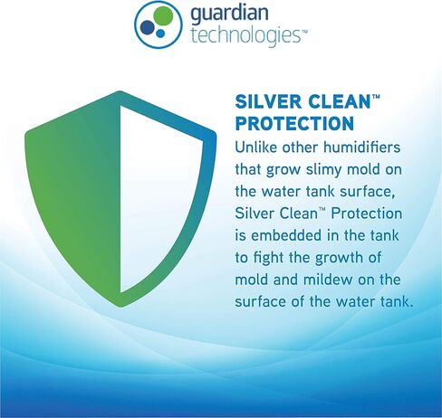 جهاز ترطيب الهواء بالرذاذ البارد بالموجات فوق الصوتية H965AR من بيور جارديان، 70 ساعة. وقت التشغيل، 1 جالون. سعة الخزان 320 قدم مربع. قدم. التغطية، الغرف الصغيرة، خزان خالٍ من الفلتر، معالج باللون الفضي، يتضمن علبة الزيت العطري in Kuwait