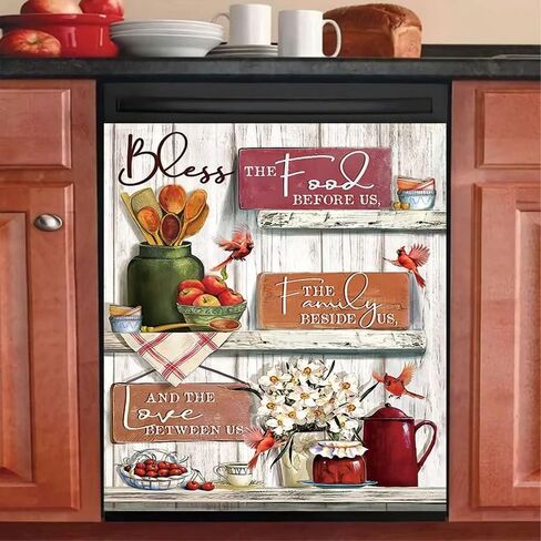 Bless Home Farm Basket Cherry غطاء غسالة الأطباق للباب الأمامي، مزهرية ريفية زهور فن المطبخ ديكور ملصق الثلاجة، نمط خشبي طيور حمراء لغسالة الأطباق، 23 بوصة × 26 بوصة in Saudi Arabia