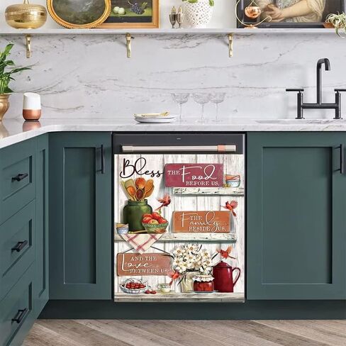 Bless Home Farm Basket Cherry غطاء غسالة الأطباق للباب الأمامي، مزهرية ريفية زهور فن المطبخ ديكور ملصق الثلاجة، نمط خشبي طيور حمراء لغسالة الأطباق، 23 بوصة × 26 بوصة in Saudi Arabia