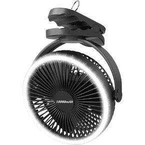 مروحة بمشبك قابلة لإعادة الشحن مقاس 8 بوصات مع فانوس تخييم، 4 سرعات ومؤقت قوي، مروحة بمشبك تعمل ببطارية 10000 مللي أمبير في الساعة للسرير والسفر في الهواء الطلق وعربة الجولف - خطاف مرن وتشغيل هادئ (أسود) in Kuwait