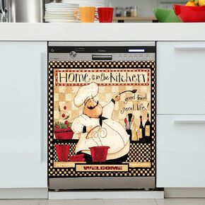 Chef Magnet Sticker, 23x26inch Plaid Dishwasher Sheet Decal, Classic Kitchen Refrigerator Door Decorative, Good Food Good Life Dishwasher Cover Panel Decals