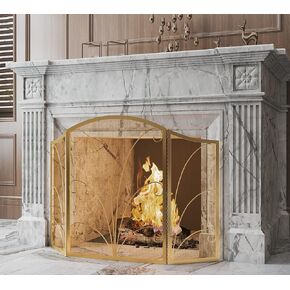 Kingson 3-Panel Arched Fireplace Screen Decorative, Handcrafted Scroll Wrought Iron Fire Spark Guard Cover for Wood Burning Fireplace-Gold in Saudi Arabia