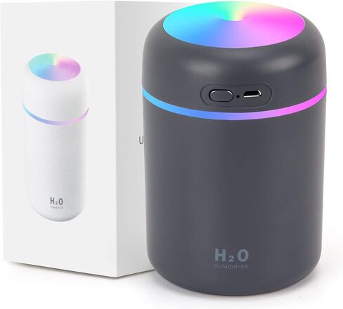 أجهزة ترطيب صغيرة ملونة رائعة مع ضوء ليلي LED، أجهزة ترطيب رذاذ USB 300 مل لغرفة نوم السيارة والمكتب، أجهزة ترطيب بالموجات فوق الصوتية الهادئة 26 ديسيبل، موزع محمول للزيوت العطرية in Kuwait