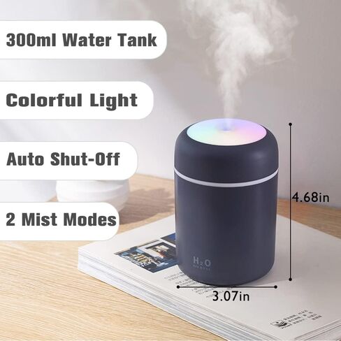 أجهزة ترطيب صغيرة ملونة رائعة مع ضوء ليلي LED، أجهزة ترطيب رذاذ USB 300 مل لغرفة نوم السيارة والمكتب، أجهزة ترطيب بالموجات فوق الصوتية الهادئة 26 ديسيبل، موزع محمول للزيوت العطرية in Kuwait