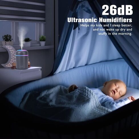 أجهزة ترطيب صغيرة ملونة رائعة مع ضوء ليلي LED، أجهزة ترطيب رذاذ USB 300 مل لغرفة نوم السيارة والمكتب، أجهزة ترطيب بالموجات فوق الصوتية الهادئة 26 ديسيبل، موزع محمول للزيوت العطرية in Kuwait
