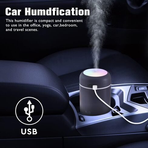أجهزة ترطيب صغيرة ملونة رائعة مع ضوء ليلي LED، أجهزة ترطيب رذاذ USB 300 مل لغرفة نوم السيارة والمكتب، أجهزة ترطيب بالموجات فوق الصوتية الهادئة 26 ديسيبل، موزع محمول للزيوت العطرية in Kuwait
