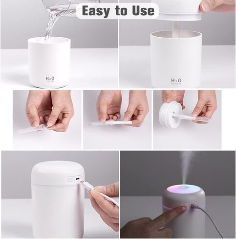 أجهزة ترطيب صغيرة ملونة رائعة مع ضوء ليلي LED، أجهزة ترطيب رذاذ USB 300 مل لغرفة نوم السيارة والمكتب، أجهزة ترطيب بالموجات فوق الصوتية الهادئة 26 ديسيبل، موزع محمول للزيوت العطرية in Kuwait