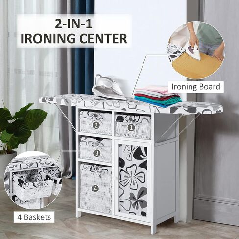 HOMCOM Drop Leaf Ironing Board with Shelves and Storage Boxes - Hawaiian Flowers in Saudi Arabia