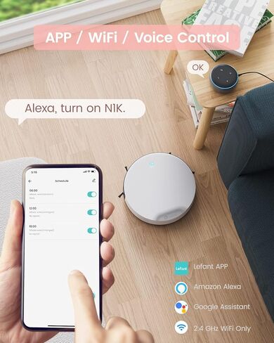 Lefant Robot Vacuum Cleaner, Slim & Quiet, Tangle-Free 4 Modes Vacuum Robotic for Girl/Woman, Support Wi-Fi/App/Alexa Echo/Google Control, Ideal for Pet Hair Hard Floor and Low Pile Carpet N1K in Kuwait