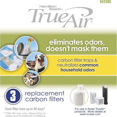 Hamilton Beach TrueAir Replacement Carbon Filter for Odor Eliminators, Common Household-Trash, Pet, Smoke and Bathroom, 3-Pack (04230G) in Saudi Arabia
