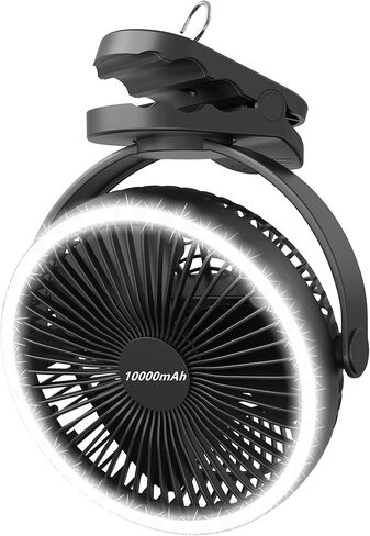 مروحة بمشبك قابلة لإعادة الشحن مقاس 8 بوصات مع فانوس تخييم، 4 سرعات ومؤقت قوي، مروحة بمشبك تعمل ببطارية 10000 مللي أمبير في الساعة للسرير والسفر في الهواء الطلق وعربة الجولف - خطاف مرن وتشغيل هادئ (أسود) in Kuwait