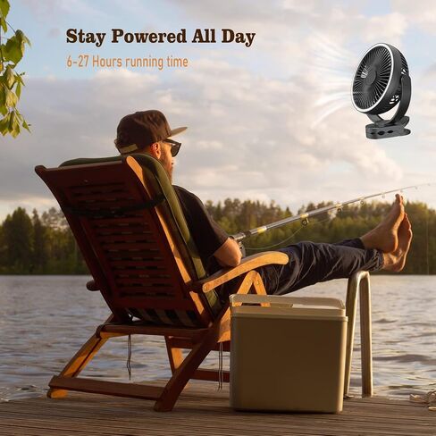 مروحة بمشبك قابلة لإعادة الشحن مقاس 8 بوصات مع فانوس تخييم، 4 سرعات ومؤقت قوي، مروحة بمشبك تعمل ببطارية 10000 مللي أمبير في الساعة للسرير والسفر في الهواء الطلق وعربة الجولف - خطاف مرن وتشغيل هادئ (أسود) in Kuwait