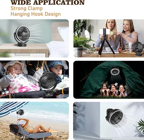 مروحة بمشبك قابلة لإعادة الشحن مقاس 8 بوصات مع فانوس تخييم، 4 سرعات ومؤقت قوي، مروحة بمشبك تعمل ببطارية 10000 مللي أمبير في الساعة للسرير والسفر في الهواء الطلق وعربة الجولف - خطاف مرن وتشغيل هادئ (أسود) in Kuwait