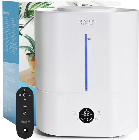 ASAKUKI Humidifiers for Bedroom Large Room, 4L Cool Mist Top Fill Air Humidifier with LED Display & Oil Diffuser, Humidity Control, Sleep Mode, Ultrasonic Vaporizer Quiet for Baby, Kids, Plants, White in Kuwait