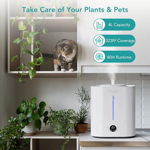 ASAKUKI Humidifiers for Bedroom Large Room, 4L Cool Mist Top Fill Air Humidifier with LED Display & Oil Diffuser, Humidity Control, Sleep Mode, Ultrasonic Vaporizer Quiet for Baby, Kids, Plants, White in Kuwait